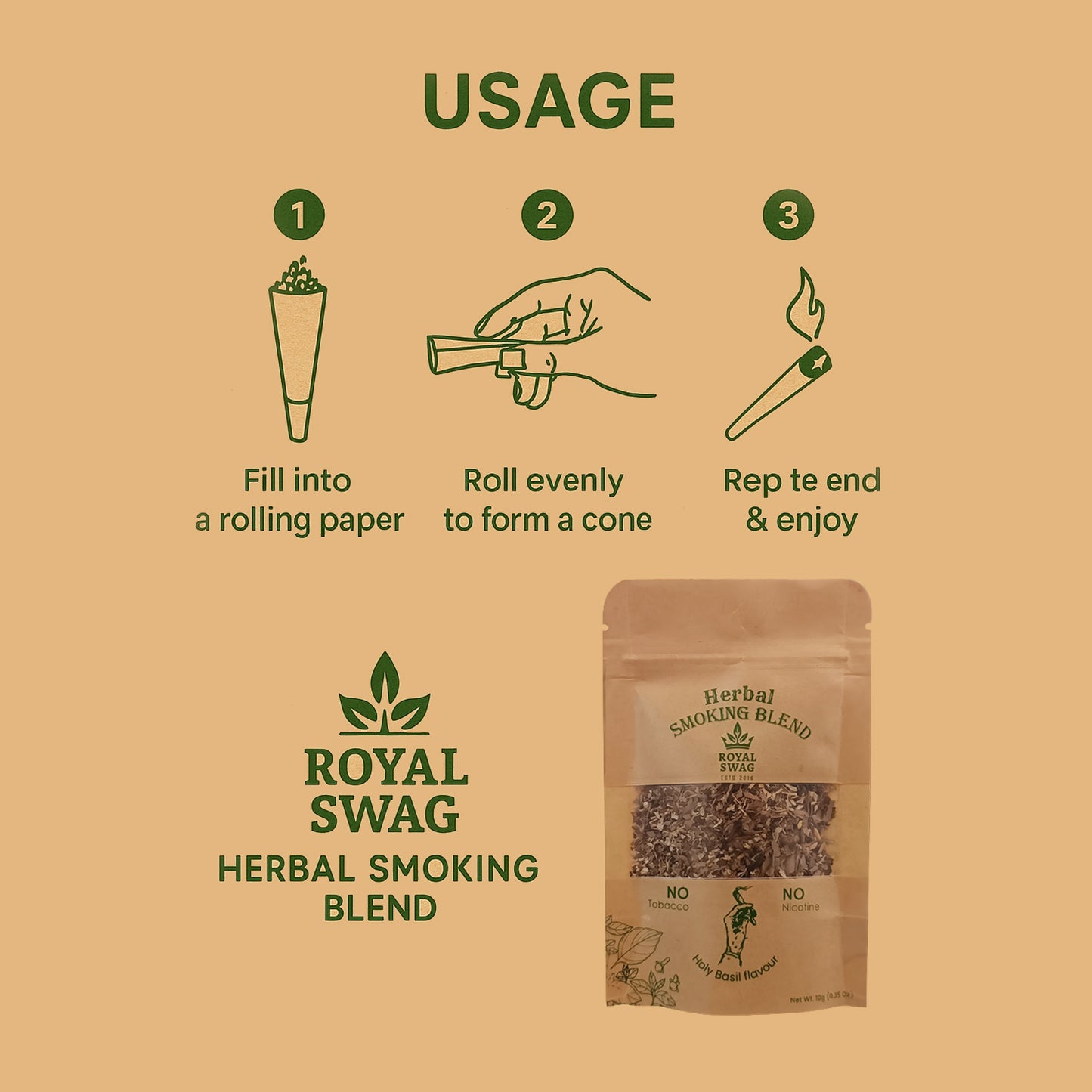 Royal Swag Tobacco & Nicotine Free Herbal Smoking Blend Holy Basil Flavour Herbal Smoking Mixture – Tulsi Herbal Smoke Mix, Tobacco-Free, Nicotine-Free (10 gm)