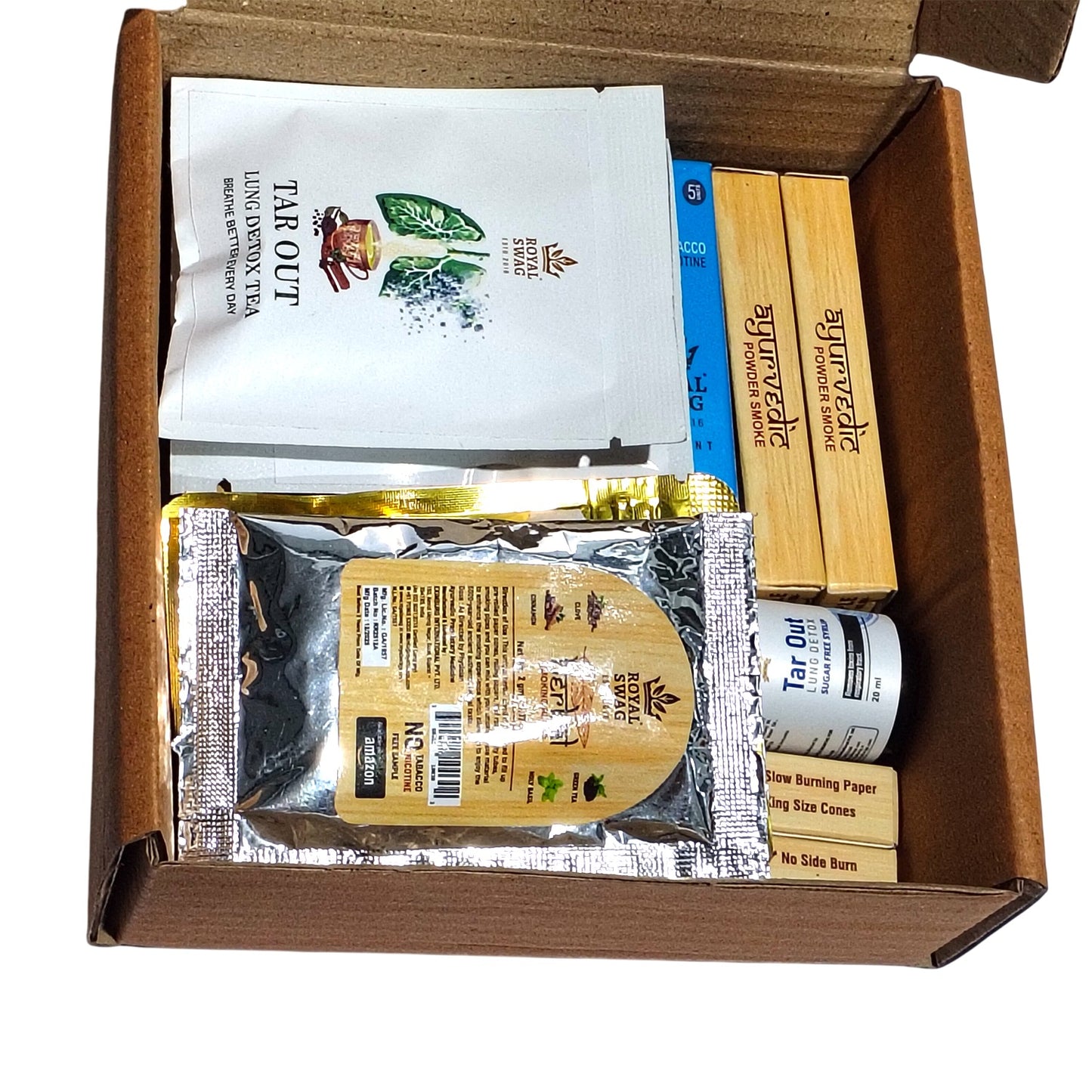 ROYAL SWAG Combo Pack Includes 6 Flavours Herbal Tobacco & Nicotine Free Cigarettes + 1 Herbal Mixture Sample + 2 Pre roll cone+ 2 Lung Detox Tea Bags + Tar out Syrup