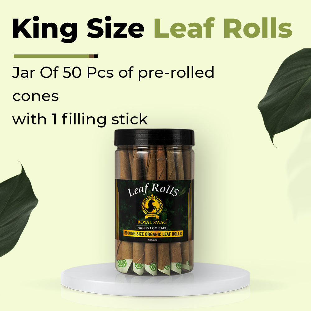 Royal Swag 100 MM King Size Leaf Rolls Ready to Use Cones Jar Of 50 Pcs Pack with 1 filling stick