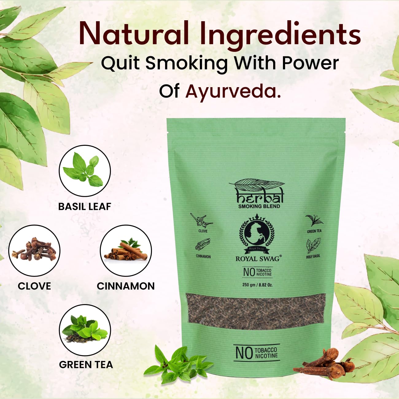 Ayurvedic Herbal Smoke 100% Tobacco-Free, 100% Nicotine-Free Natural Herbal Smoking Blend (250 Gram) Non Additives | Roll Your Own, Clove Flavour | Smoking Cessation - Helps In Quit Smoking