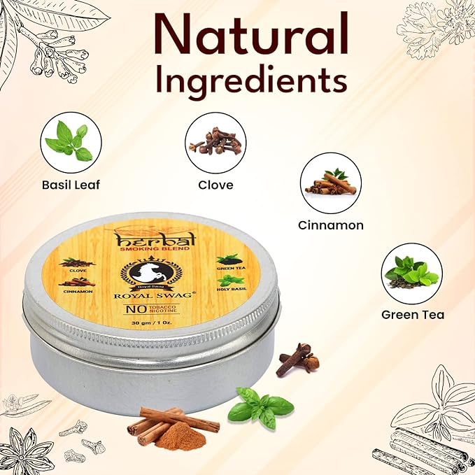 100% Tobacco-Free & Nicotine-Free Smoking Mixture 100% Natural Herbal Smoking Blend 1 Pack (1 oz/ 30g Can) With 100 MM King Size Tendu Palm Leaf Rolls Ready to Use Cones Jar Of 50 Pcs Pack