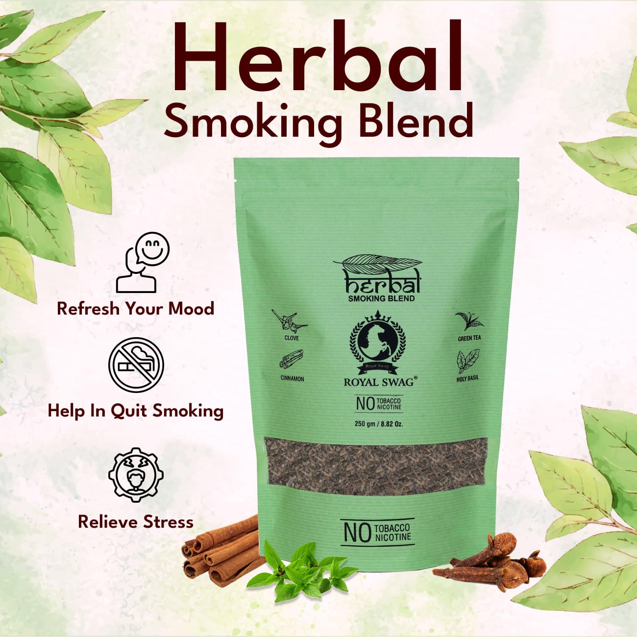 Ayurvedic Herbal Smoke 100% Tobacco-Free, 100% Nicotine-Free Natural Herbal Smoking Blend (250 Gram) Non Additives | Roll Your Own, Clove Flavour | Smoking Cessation - Helps In Quit Smoking