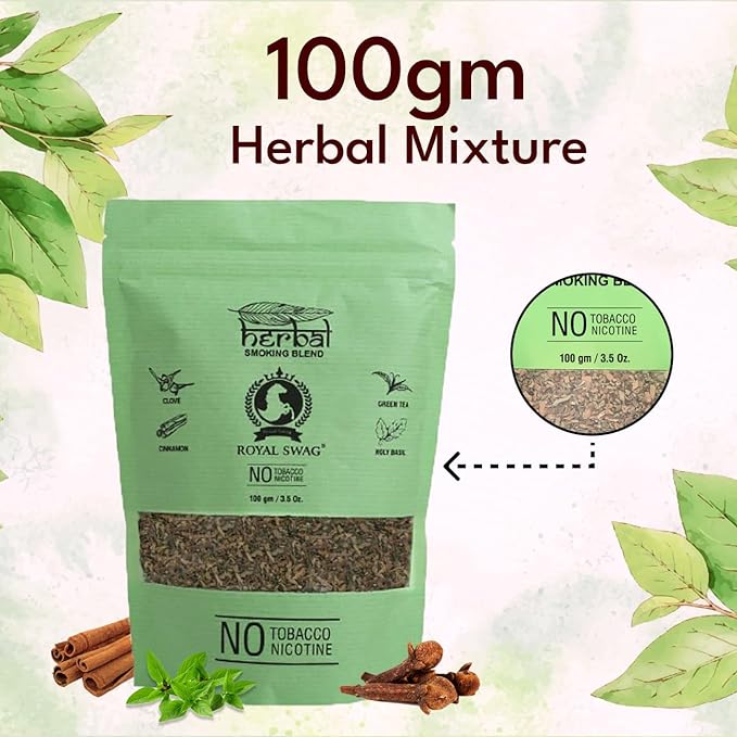Tobacco & Nicotine Free Smoking Mixture With 100% Natural Herbal Smoking Blend 1 Pack - 100gm With Wooden Steel Pipe
