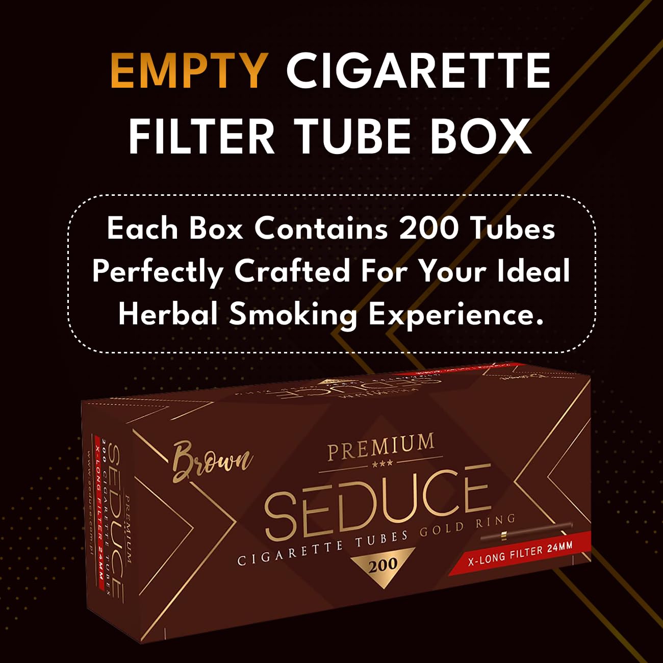 Seduce Premium - King Size Full 24 mm Filter Cigarette Tubes BROWN Gold Ring (15% Longer Tube Than Others Brands)- 200 Tubes Per Box