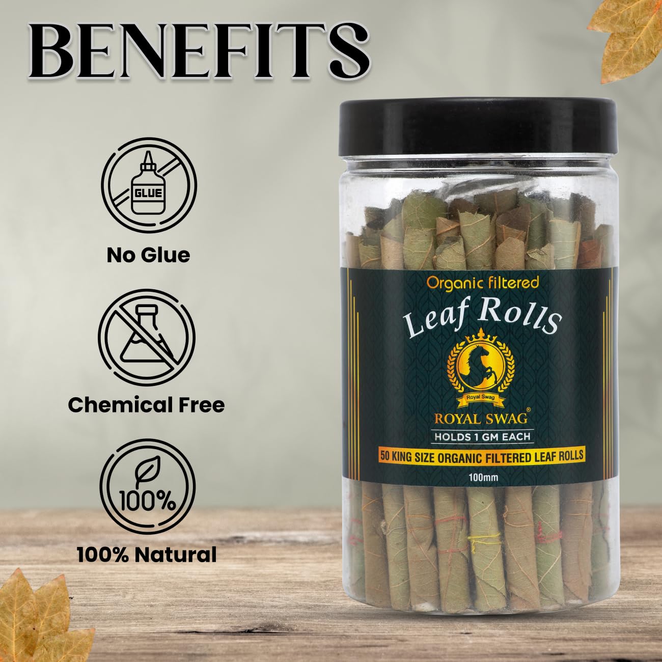 Natural Tendu Leaves Ready To Use Leaf Roll Cones With Filter(Jar Of 50 Rolls)