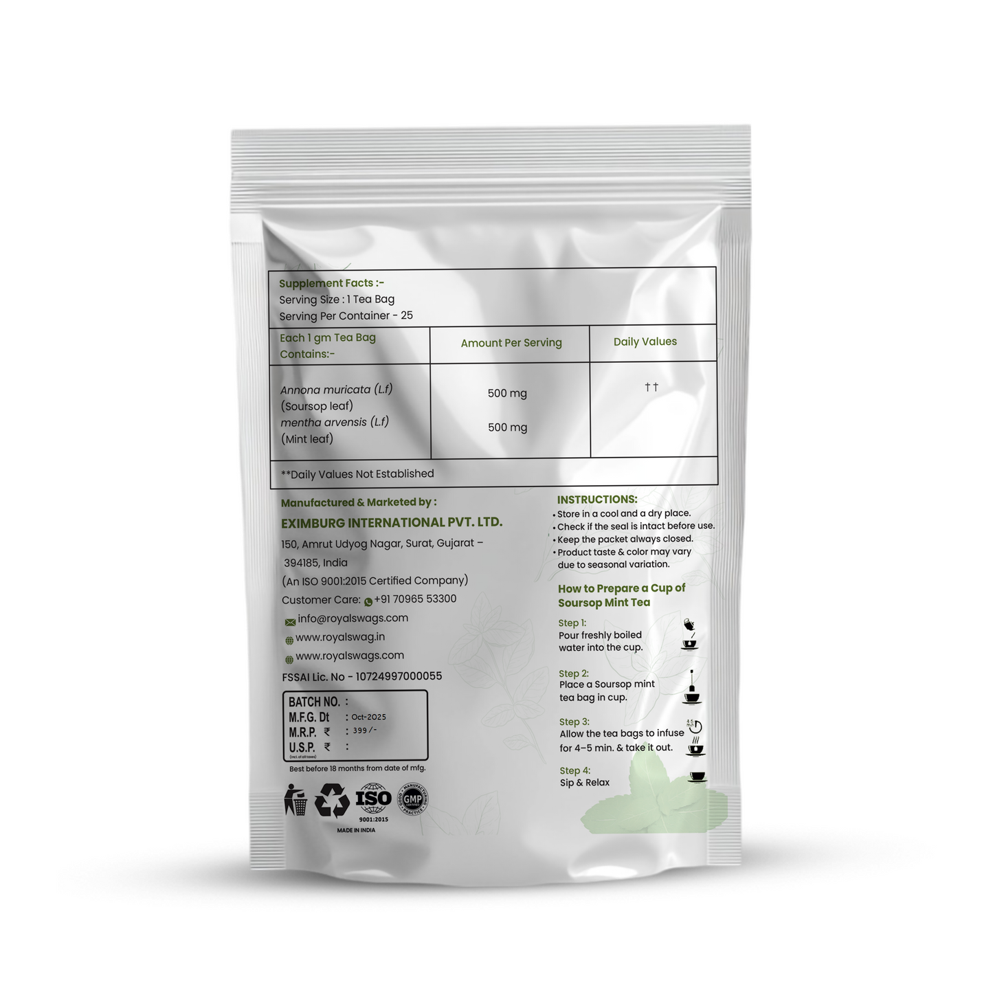 Royal Swag Soursop Mint Herbal Tea – 25 Tea Bags | Natural, Caffeine-Free, Immune-Boosting Infusion