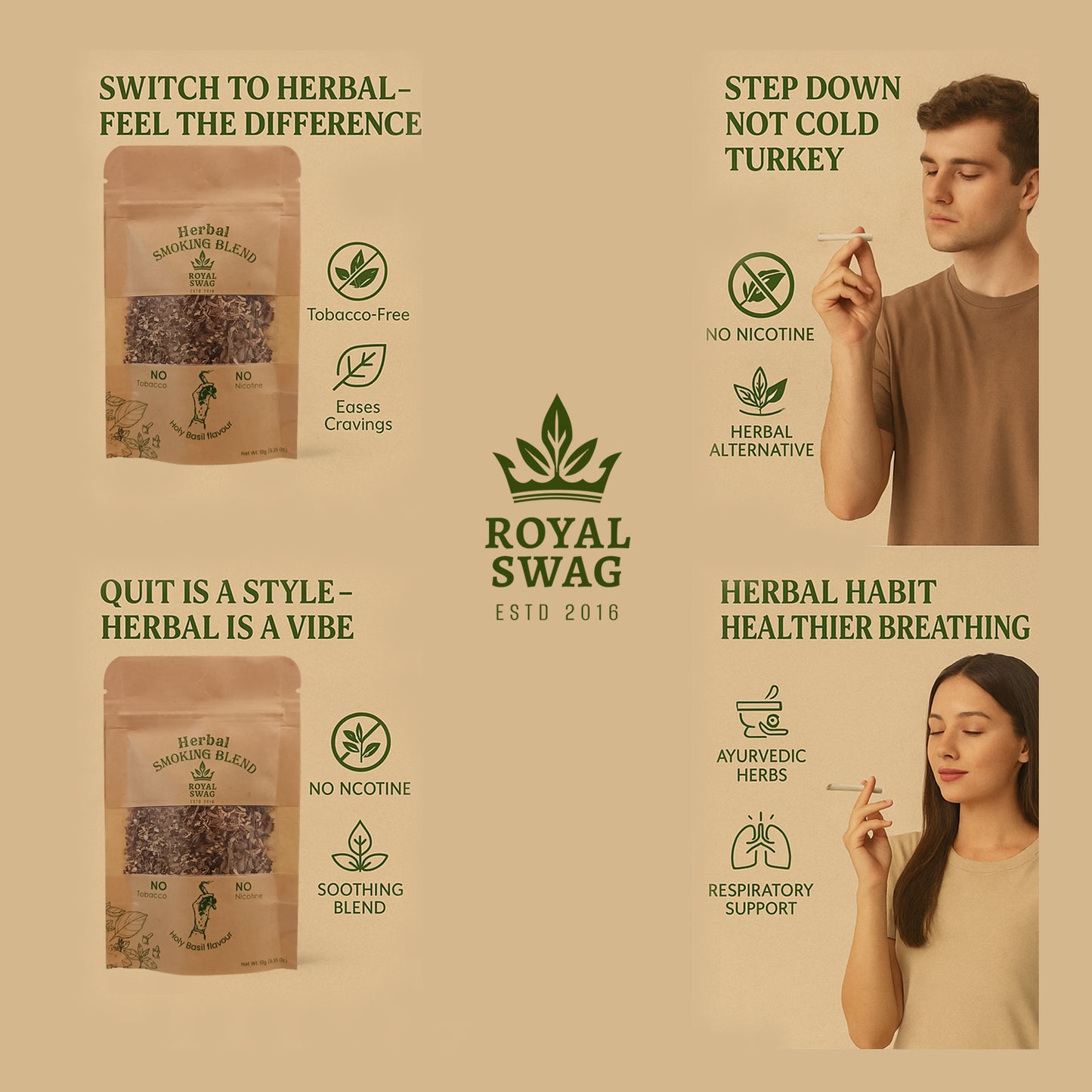 Royal Swag Holy Basil Herbal Smoking Mixture Blend – Tulsi Herbal Smoke Mix, Tobacco-Free, Nicotine-Free (10 gm)