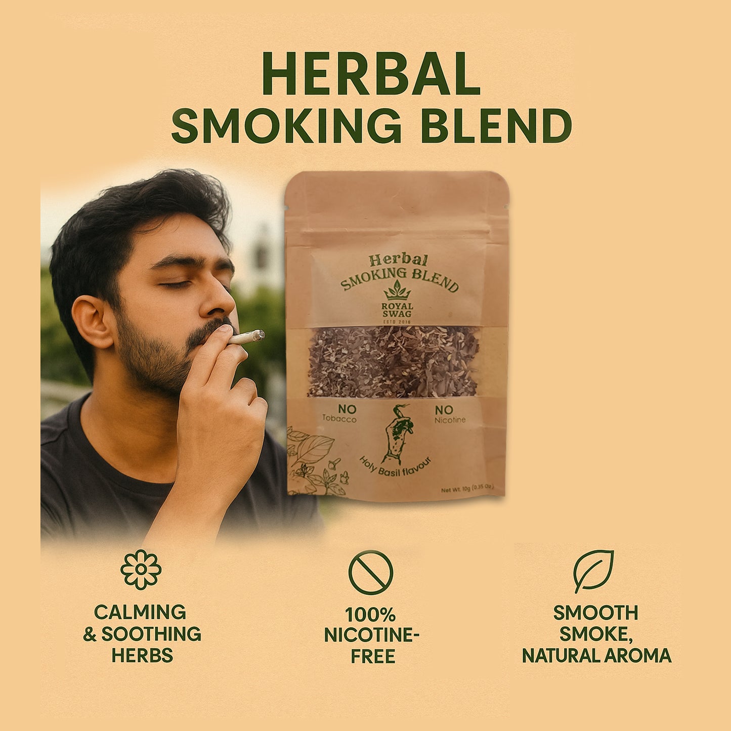 Royal Swag Holy Basil Herbal Smoking Mixture Blend – Tulsi Herbal Smoke Mix, Tobacco-Free, Nicotine-Free -Pack of 2 (Each 10 gm)