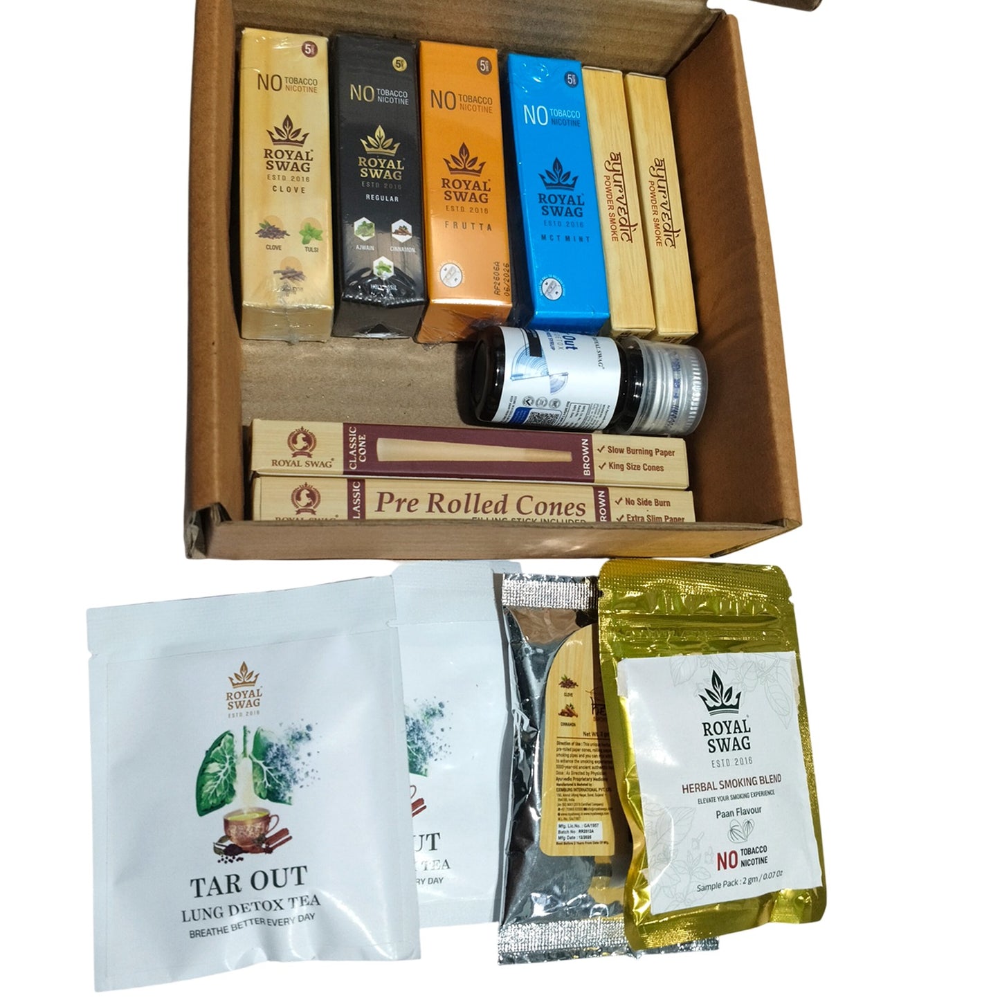 ROYAL SWAG Combo Pack Includes 6 Flavours Herbal Tobacco & Nicotine Free Cigarettes + 1 Herbal Mixture Sample + 2 Pre roll cone+ 2 Lung Detox Tea Bags + Tar out Syrup