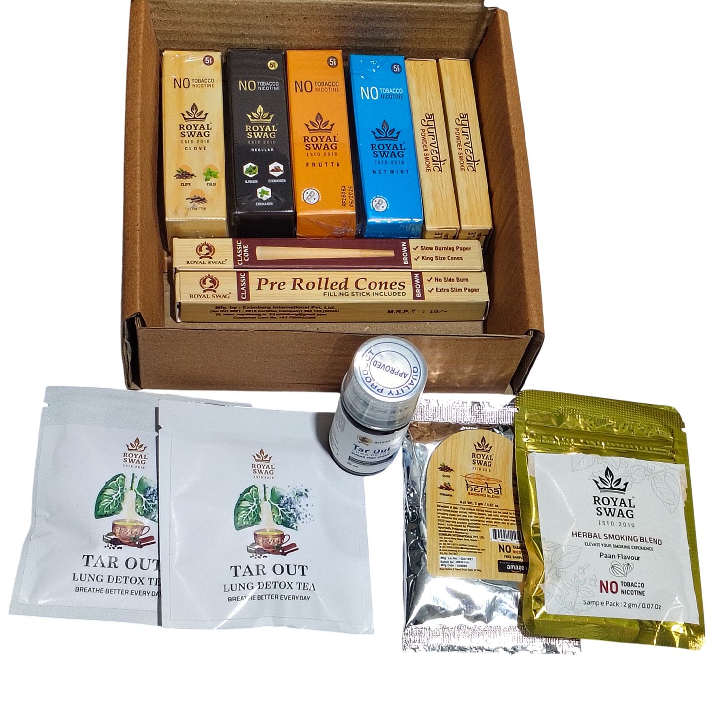 ROYAL SWAG Combo Pack Includes 6 Flavours Herbal Tobacco & Nicotine Free Cigarettes + 1 Herbal Mixture Sample + 2 Pre roll cone+ 2 Lung Detox Tea Bags + Tar out Syrup