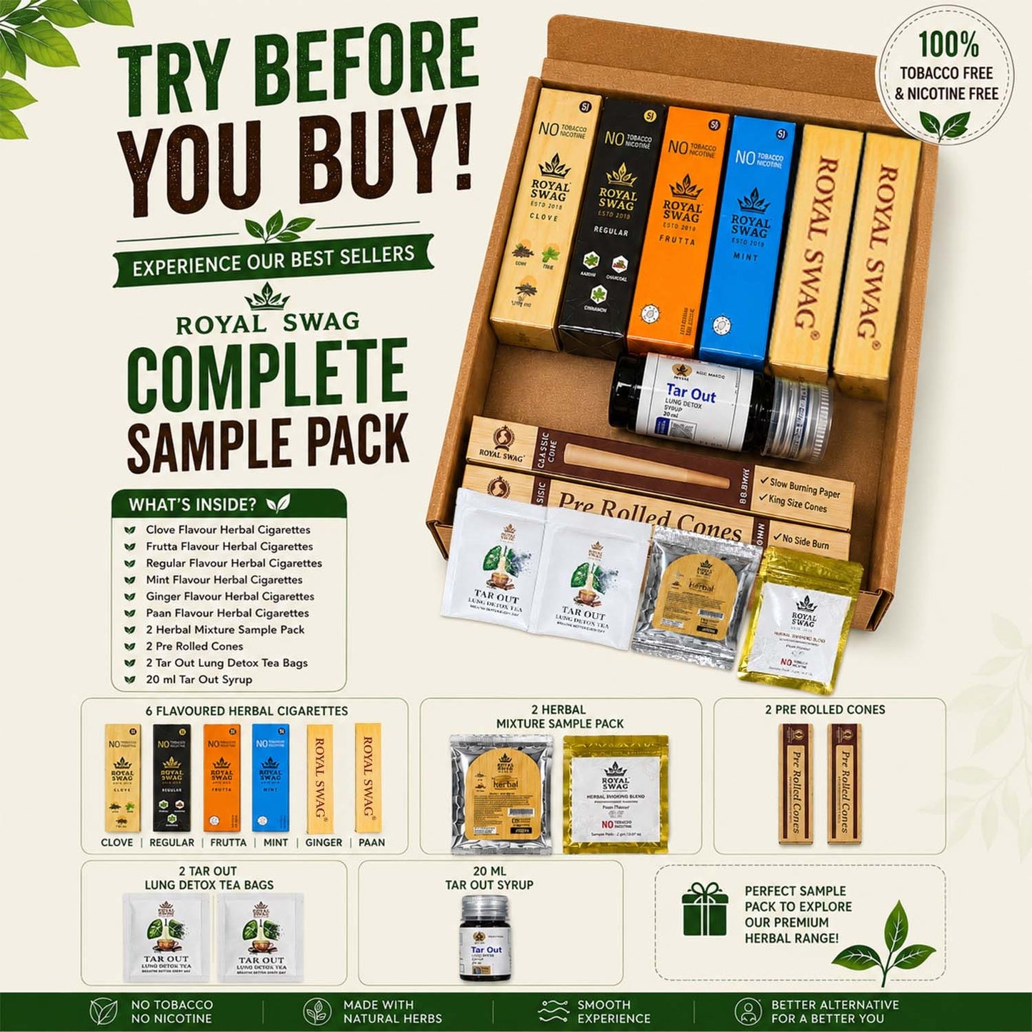 ROYAL SWAG Complete Sample Pack | Tobacco-Free & Nicotine-Free Herbal Collection | 6 Herbal Cigarette Flavours + Herbal Mix + Pre Rolled Cones + Lung Detox Tea Bags + 20ml Tar Out Syrup | Trial Pack