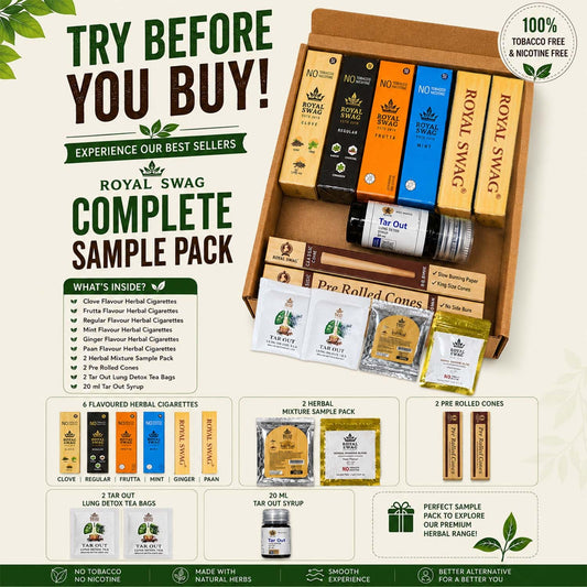 ROYAL SWAG Complete Sample Pack | Tobacco-Free & Nicotine-Free Herbal Collection | 6 Herbal Cigarette Flavours + Herbal Mix + Pre Rolled Cones + Lung Detox Tea Bags + 20ml Tar Out Syrup | Trial Pack