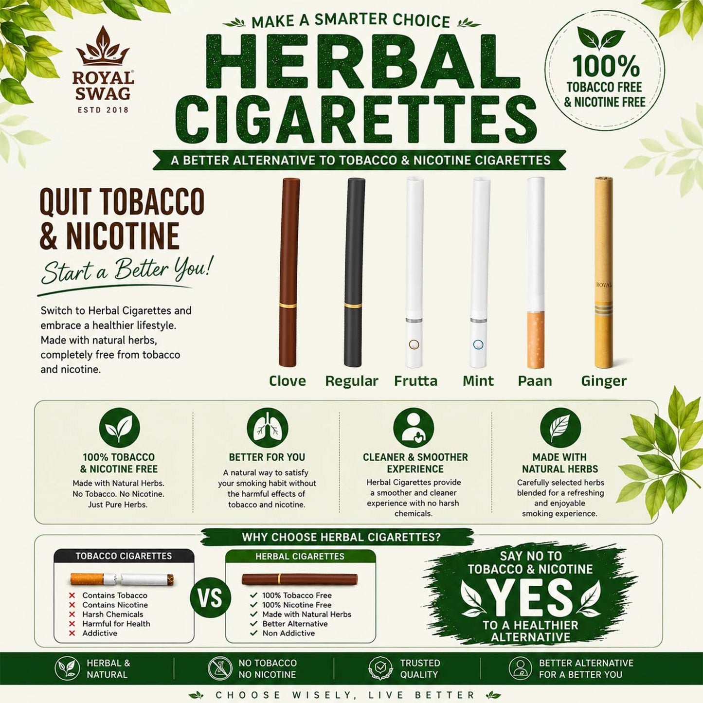 ROYAL SWAG Complete Sample Pack | Tobacco-Free & Nicotine-Free Herbal Collection | 6 Herbal Cigarette Flavours + Herbal Mix + Pre Rolled Cones + Lung Detox Tea Bags + 20ml Tar Out Syrup | Trial Pack