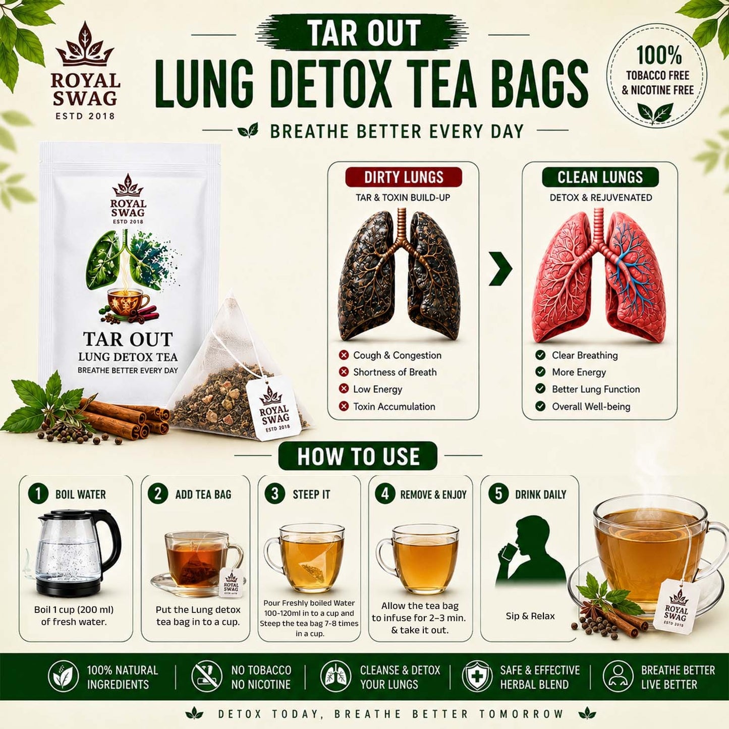 ROYAL SWAG Complete Sample Pack | Tobacco-Free & Nicotine-Free Herbal Collection | 6 Herbal Cigarette Flavours + Herbal Mix + Pre Rolled Cones + Lung Detox Tea Bags + 20ml Tar Out Syrup | Trial Pack