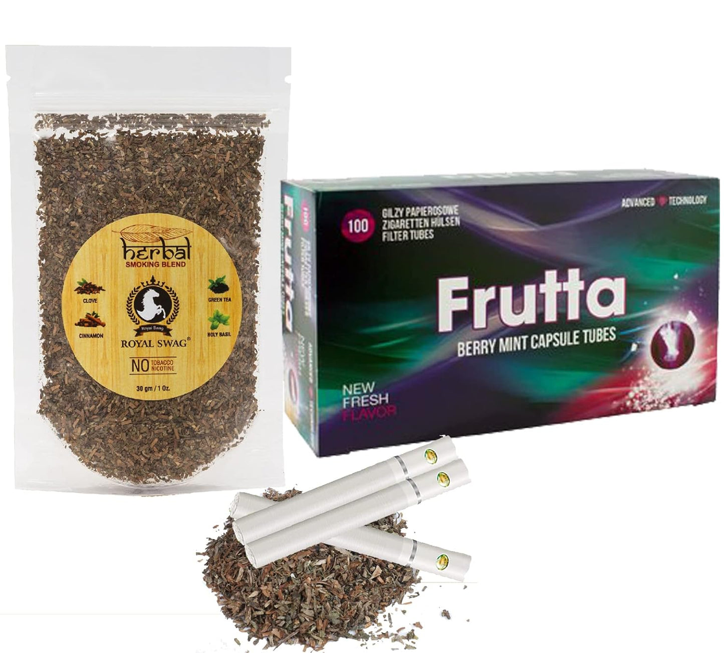 Royal Swag Combo Pack Of Herbal Mixture 30 gram With Cigarette Tube Frutta Flavour Filter 100 count Tube - 100% Tobacco & Nicotine Free