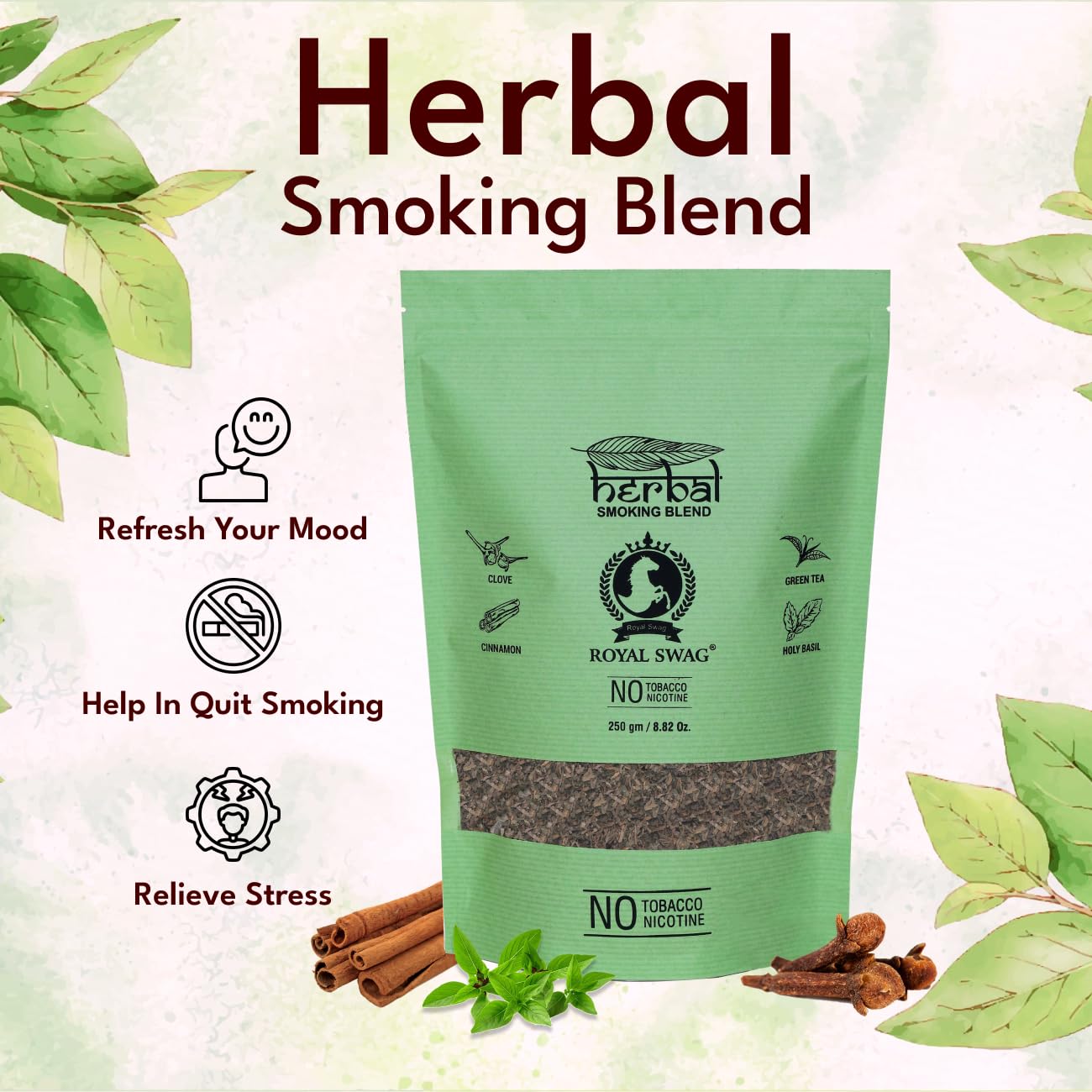 Ayurvedic Herbal Smoke 100% Tobacco-Free, 100% Nicotine-Free Natural Herbal Smoking Blend Clove Mix (250 Gram) With 1 Wooden Steel Pipe | RYO Mix - Roll Your Own | Smoking Cessation