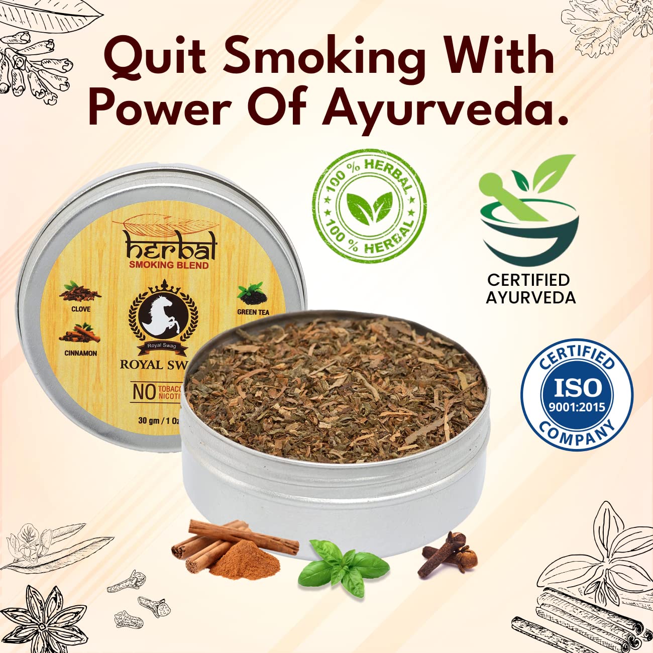 100% Tobacco-Free & Nicotine-Free Smoking Mixture With 100% Natural & Ayurvedic Herbal Smoking Blend 1 Pack (1 oz/ 30g Can) With Wooden Steel Pipe | Helps To Quit Smoking(Smoking Cessation)