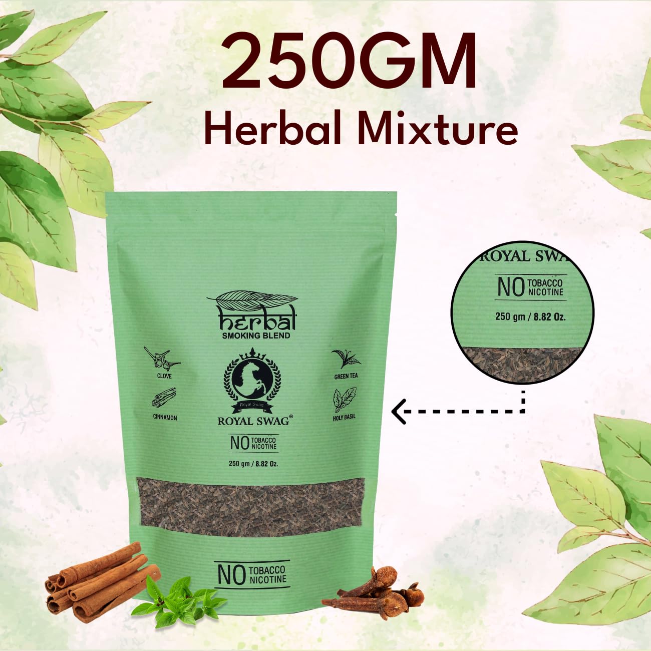 Ayurvedic Herbal Smoke 100% Tobacco-Free, 100% Nicotine-Free Natural Herbal Smoking Blend Clove Mix (250 Gram) With 1 Wooden Pipe(Antique) | RYO Mix - Roll Your Own | Smoking Cessation