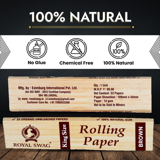 King Size Smoking Rolling Papers | Premium Brown Unbleached Paper | Pack Of 5 Each Pack has 33 Leaf| 165 Rolling Papers