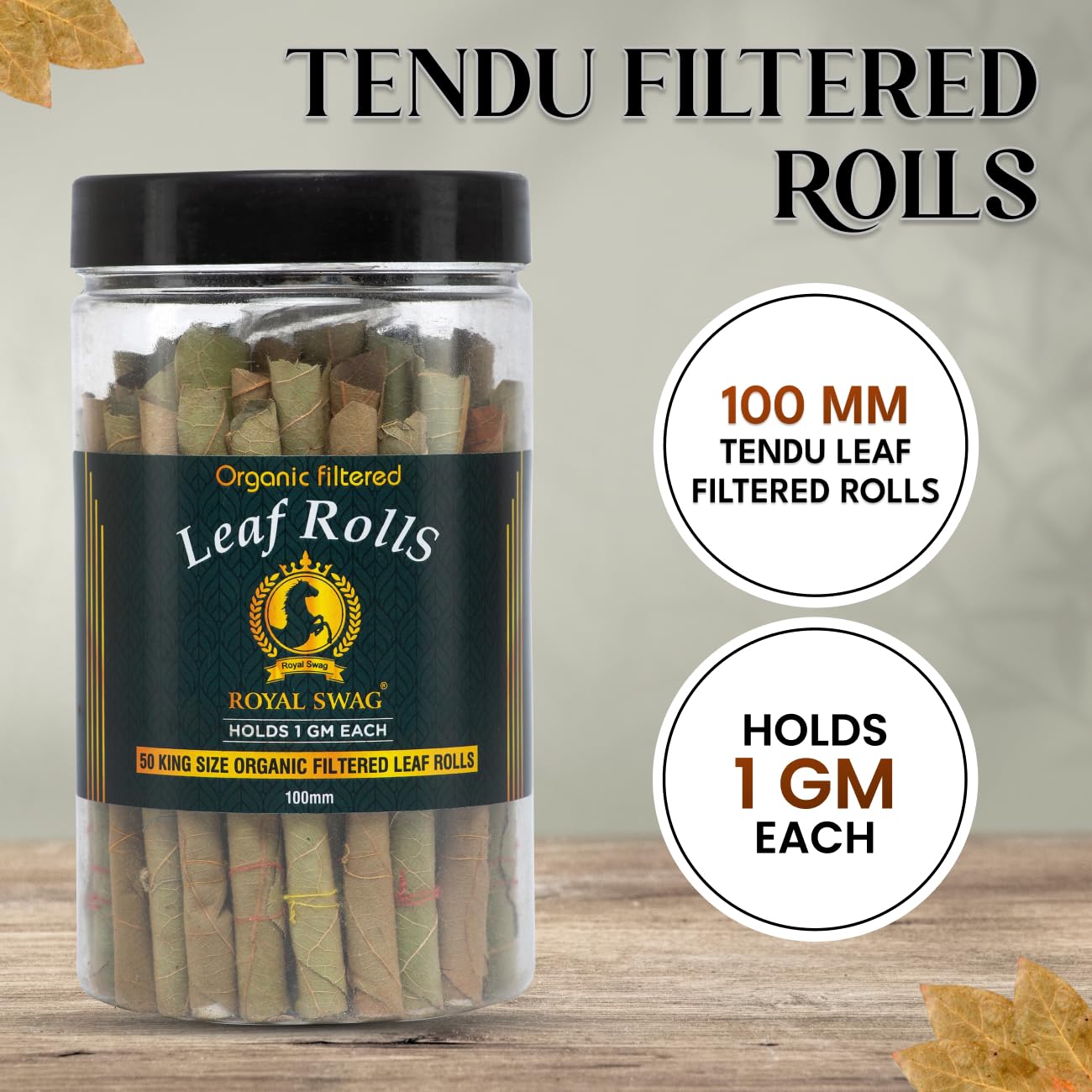 Natural Tendu Leaves Ready To Use Leaf Roll Cones With Filter(Jar Of 50 Rolls)