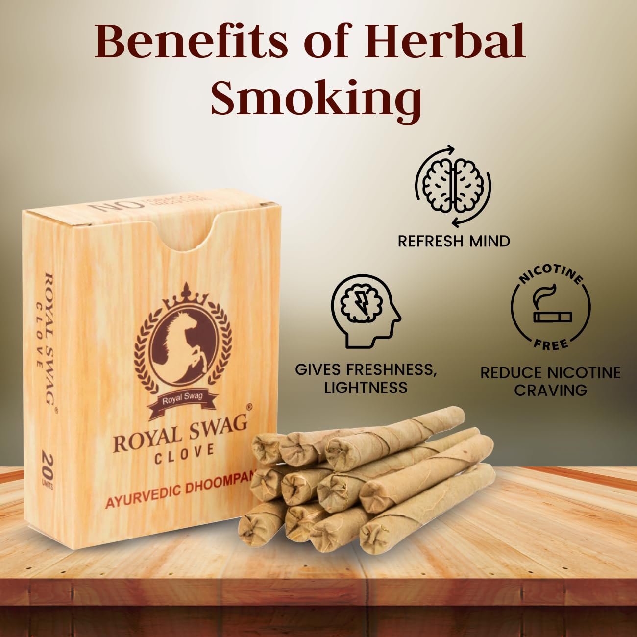 ROYAL SWAG Ayurvedic Herbal Filter Bidi For Smoking 100% Tobacco-Free, Nicotine-Free(Pack Of 20 Sticks) Herbal Smokes (Made With Aurvedic Herbs) | 100% Natural Ingrediens Clove & Tulsi(Bidi With Filter)