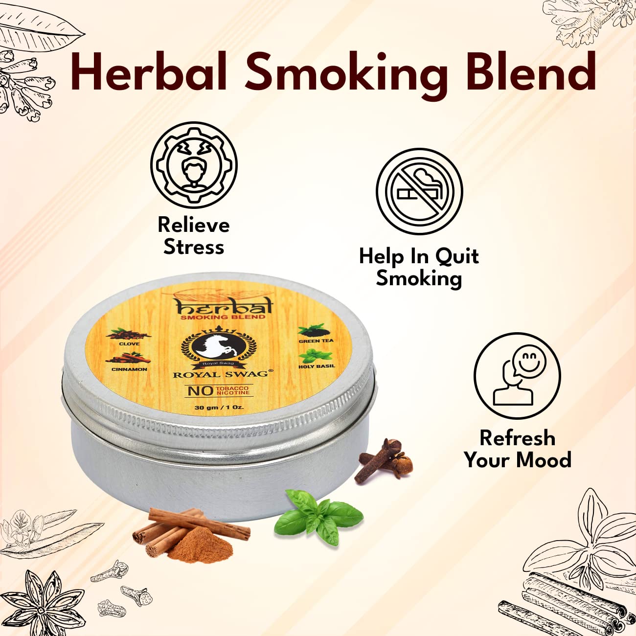 100% Tobacco-Free & Nicotine-Free Smoking Mixture With 100% Natural & Ayurvedic Herbal Smoking Blend 1 Pack (1 oz/ 30g) With Wooden Brown Pipe|Helps To Quit Smoking (Smoking Cessation)