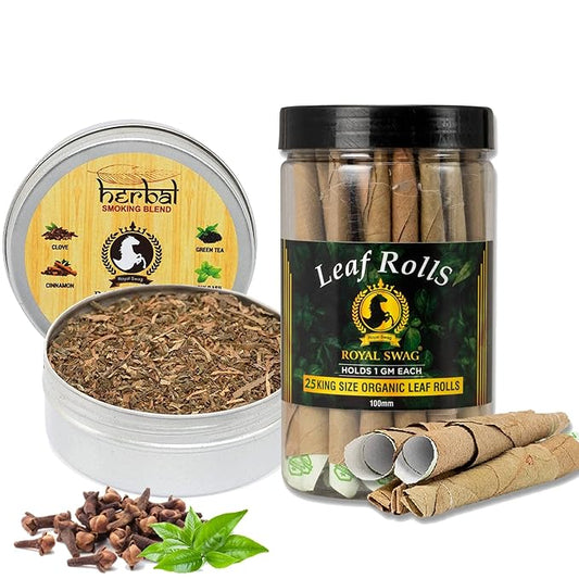100% Tobacco-Free & Nicotine-Free Smoking Mixture 100% Natural Herbal Smoking Blend 1 Pack (1 oz/ 30g Can) With 100 MM King Size Tendu Palm Leaf Rolls Ready to Use Cones Jar Of 25 Pcs Pack