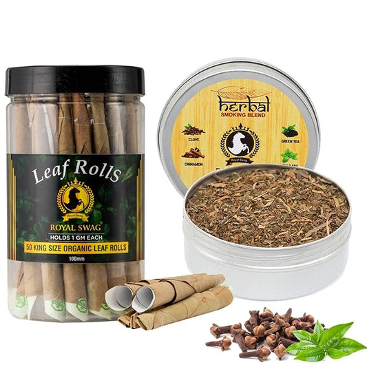 100% Tobacco-Free & Nicotine-Free Smoking Mixture 100% Natural Herbal Smoking Blend 1 Pack (1 oz/ 30g Can) With 100 MM King Size Tendu Palm Leaf Rolls Ready to Use Cones Jar Of 50 Pcs Pack