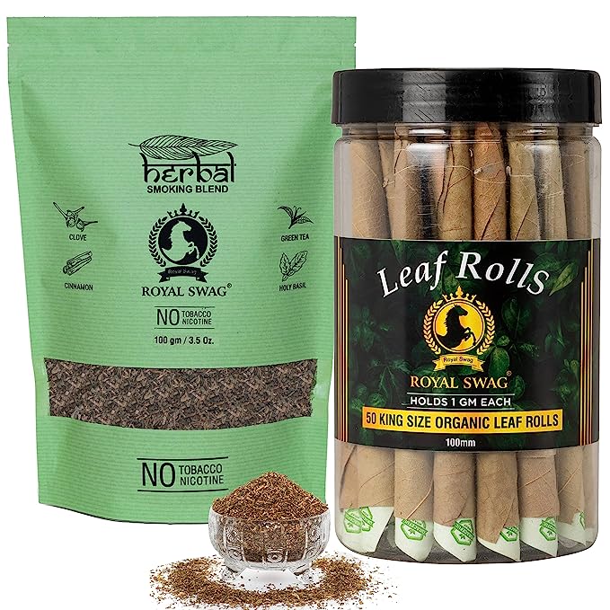 Tobacco & Nicotine Free Smoking Mixture With 100% Natural Herbal Smoking Blend 1 Pack -100gm With 100 MM King Size Tendu Palm Leaf Rolls Ready to Use Cones Jar Of 50 Pcs Pack