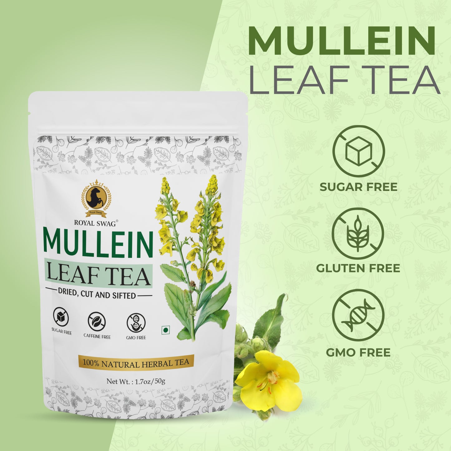 100% Pure and Natural Premium Mullein Leaf Tea 50 gram Pack | Non-GMO, Caffeine Free and Sugar Free