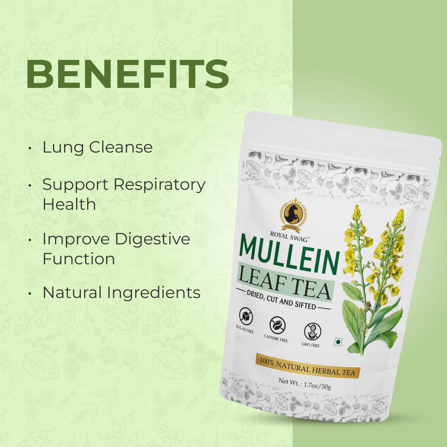 100% Pure and Natural Premium Mullein Leaf Tea 50 gram Pack | Non-GMO, Caffeine Free and Sugar Free