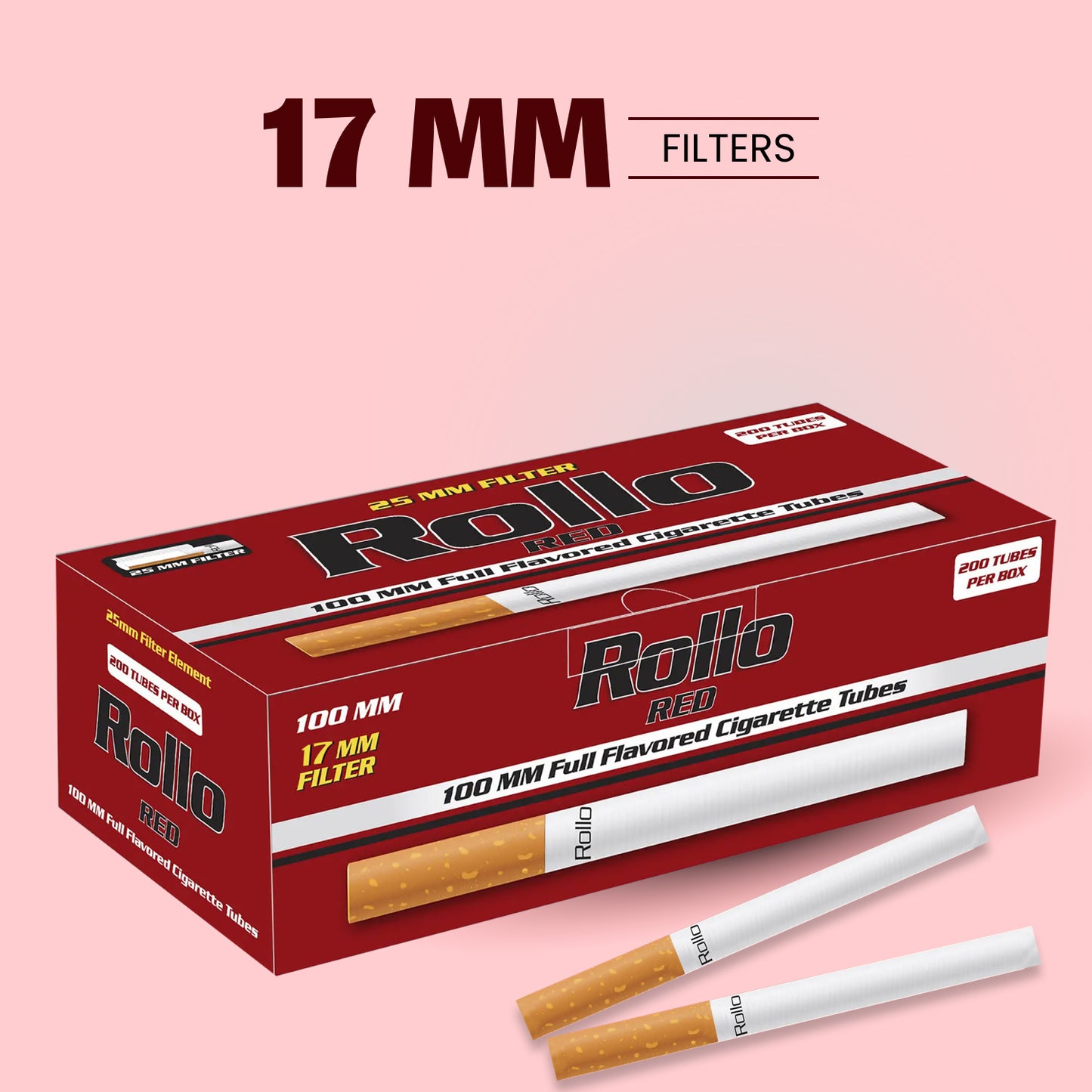 ROLLO RED - King Size Full Flavored Cigarette Tubes With 17 MM Filters (15% Longer Tube Than Others Brands)- 200 Tubes Per Box