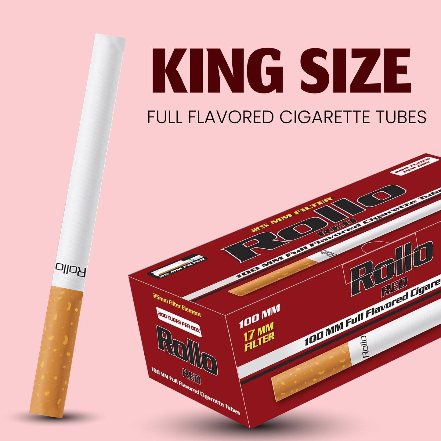 ROLLO RED - King Size Full Flavored Cigarette Tubes With 17 MM Filters (15% Longer Tube Than Others Brands)- 200 Tubes Per Box