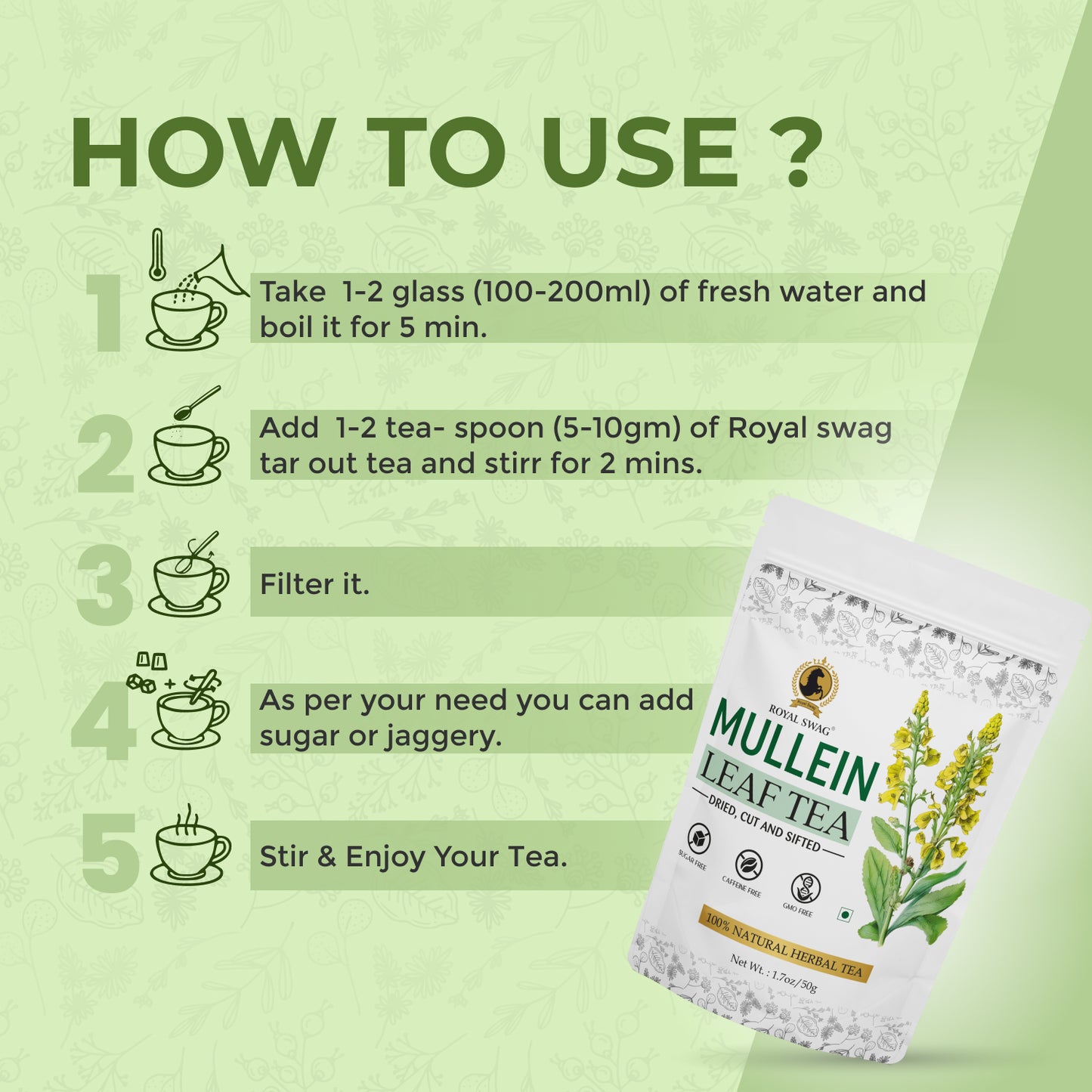 100% Pure and Natural Premium Mullein Leaf Tea 50 gram Pack | Non-GMO, Caffeine Free and Sugar Free