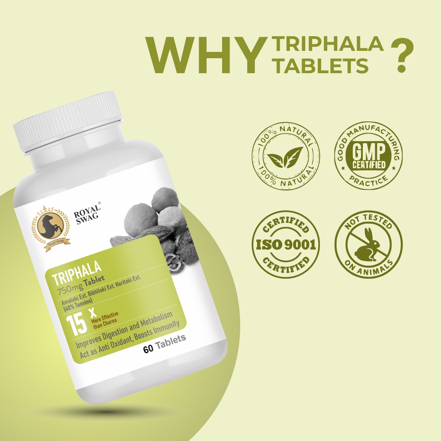 Royal Swag Triphala Tablets 750 Mg - 60 Tablets Triphala Herbal Supplements With Extact Of Amla, Haritaki & Bibhitaki for Occasional Constipation, Detox & Colon Support