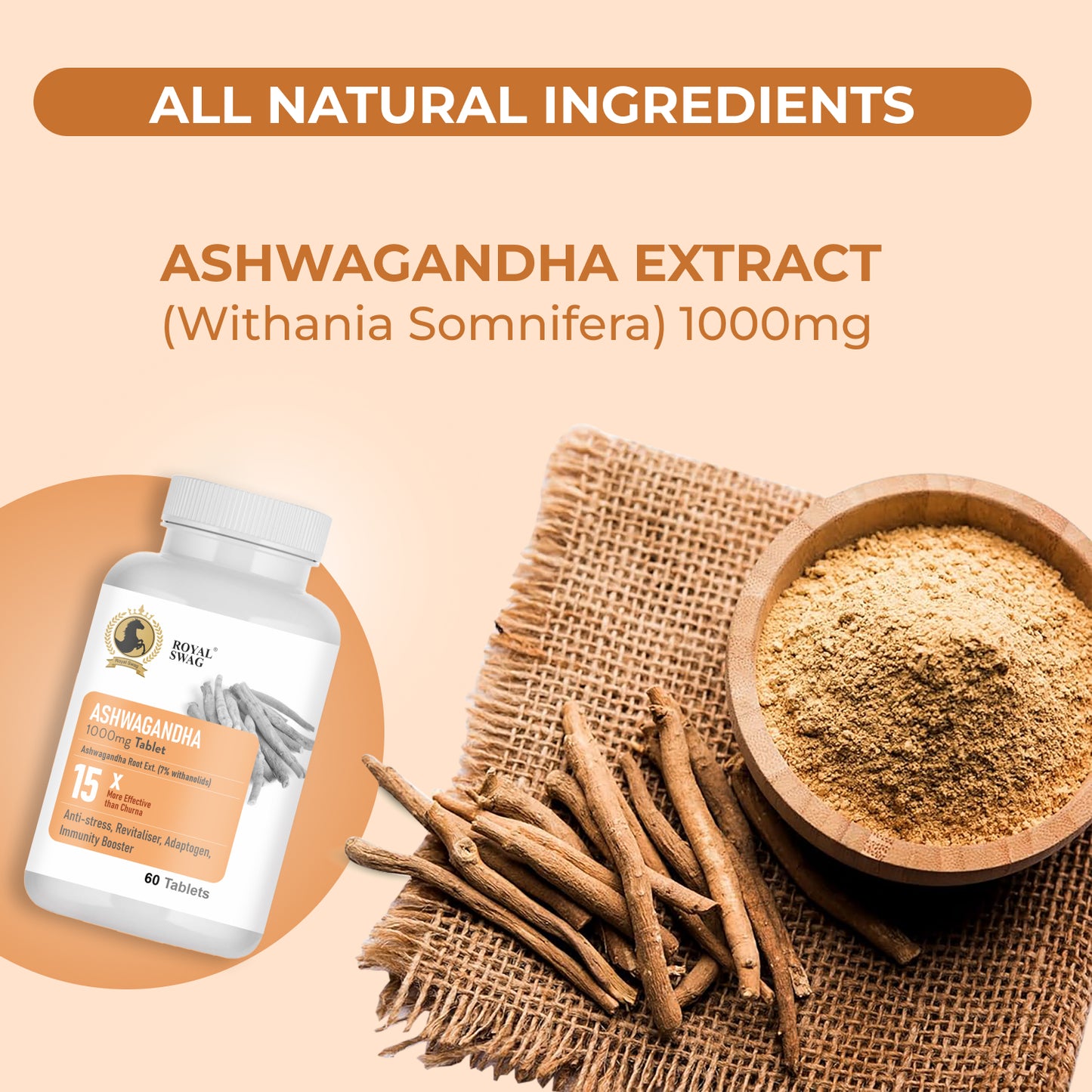 Royal Swag Ashwagandha Extract 1000 mg - 60 Tablet, Energy Support, Revitaliser, Adaptogen Herb, Immune Support - Withania Somnifera Extract