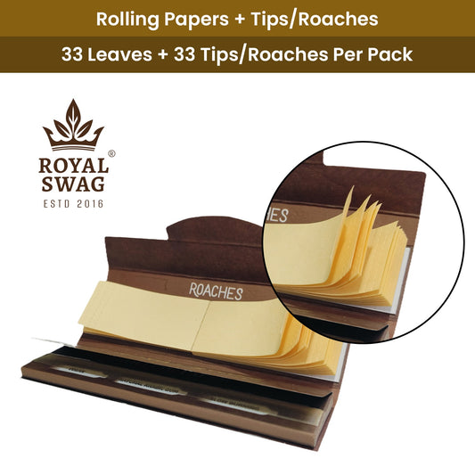ROYAL SWAG Rolling Paper with Tips | 33 Leaves + 33 Roaches | 110mm Natural Unrefined Ultra Thin Smooth Slow Burning Natural Rolling Papers Pack (Pack of 1)