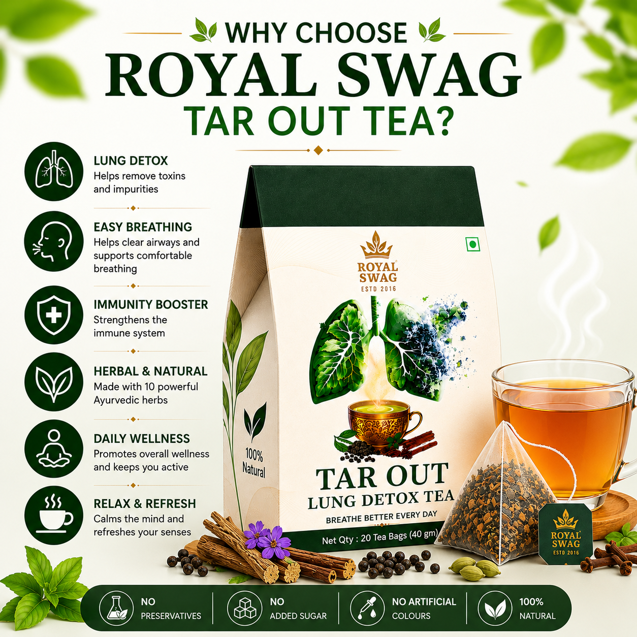 Royal Swag Lung Cleanse Herbal Tea | Herbal Respiratory Support Tea | 20 Tea Bags