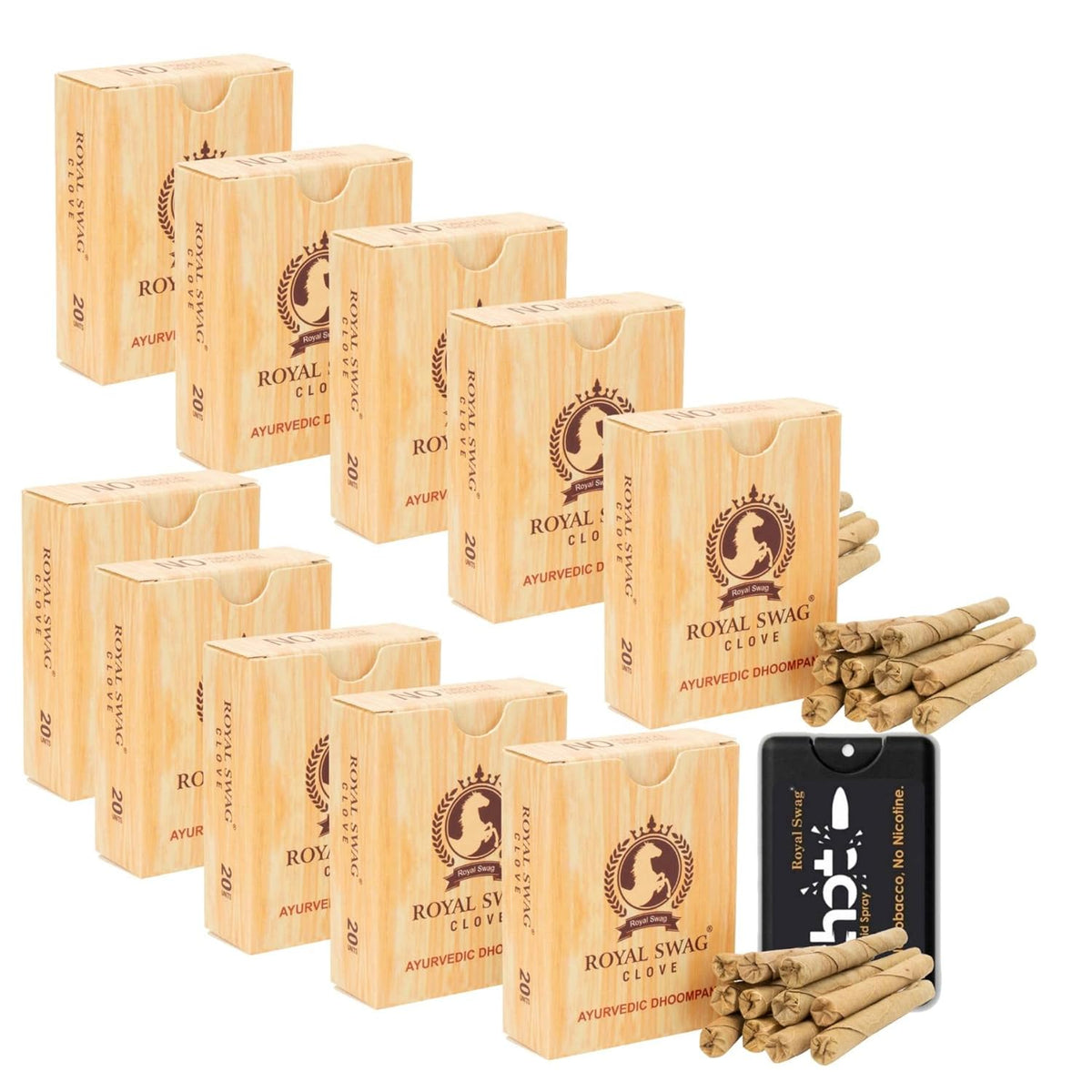 ROYAL SWAG Ayurvedic Herbal Bidi For Smoking 100% Tobacco-Free, Nicotine-Free (Pack Of 200 Sticks) With 20 ml Shot Spray Satisfy Nicotine Craving (Smoking Cessation) theroyalswag