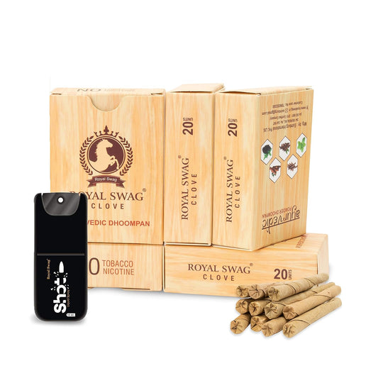 ROYAL SWAG Ayurvedic & Herbal Long Bidi Smoke, (Pack of 5 X 20 Bidi Sticks Per Pack) With 12 ml Shot to Stop Nicotine Craving Tobacco Free Dhoompan Helps in Quit Smoking - (100 Sticks, 1 Shot) theroyalswag