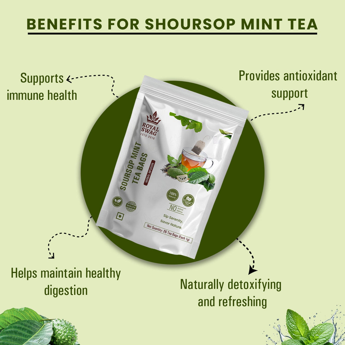 Royal Swag Soursop Mint Herbal Tea – 25 Tea Bags | Natural, Caffeine-Free, Immune-Boosting Infusion theroyalswag