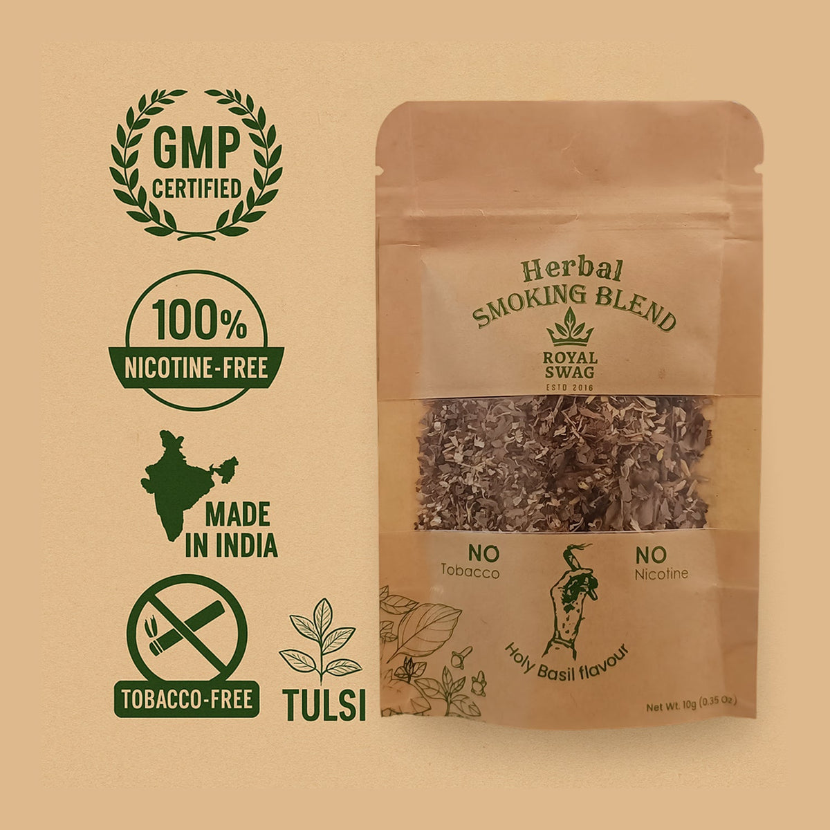 Royal Swag Tobacco & Nicotine Free Herbal Smoking Blend Holy Basil Flavour Herbal Smoking Mixture – Tulsi Herbal Smoke Mix, Tobacco-Free, Nicotine-Free (10 gm) theroyalswag