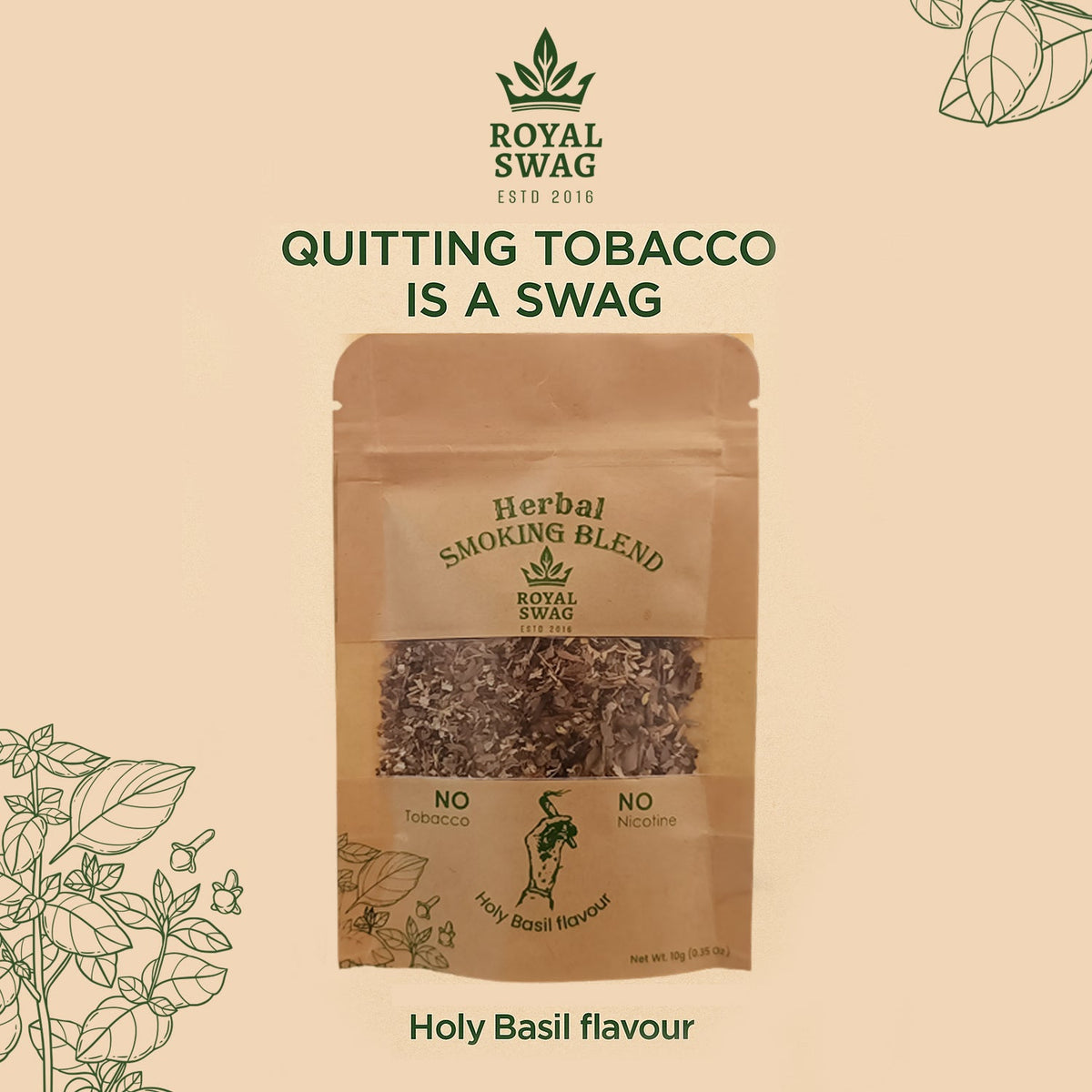 Royal Swag Tobacco & Nicotine Free Herbal Smoking Blend Holy Basil Flavour Herbal Smoking Mixture – Tulsi Herbal Smoke Mix, Tobacco-Free, Nicotine-Free (10 gm) theroyalswag