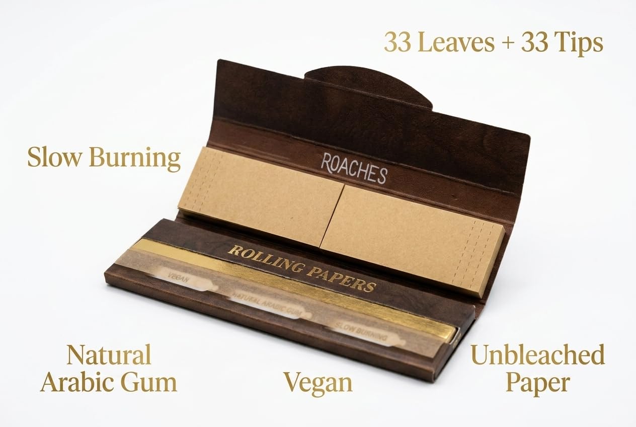 ROYAL SWAG Rolling Paper with Tips | 33 Leaves + 33 Roaches | 110mm Natural Unrefined Ultra Thin Smooth Slow Burning Natural Rolling Papers Pack (Pack of 1)